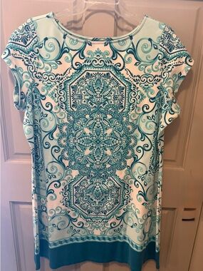 Isaac Mizrahi Teal & White Medallion Print Cap-Sleeve Tunic